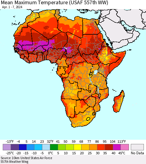 Africa Mean Maximum Temperature (USAF 557th WW) Thematic Map For 4/1/2024 - 4/7/2024