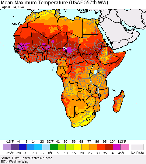 Africa Mean Maximum Temperature (USAF 557th WW) Thematic Map For 4/8/2024 - 4/14/2024