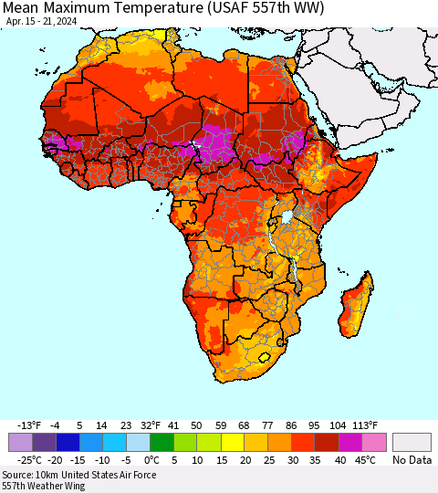 Africa Mean Maximum Temperature (USAF 557th WW) Thematic Map For 4/15/2024 - 4/21/2024
