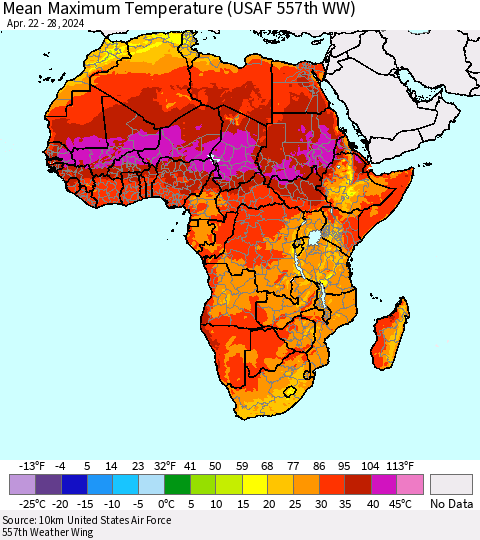 Africa Mean Maximum Temperature (USAF 557th WW) Thematic Map For 4/22/2024 - 4/28/2024