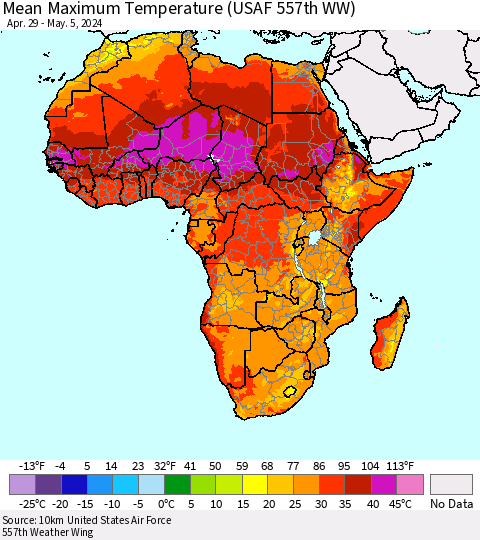 Africa Mean Maximum Temperature (USAF 557th WW) Thematic Map For 4/29/2024 - 5/5/2024