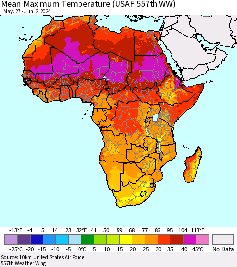 Africa Mean Maximum Temperature (USAF 557th WW) Thematic Map For 5/27/2024 - 6/2/2024
