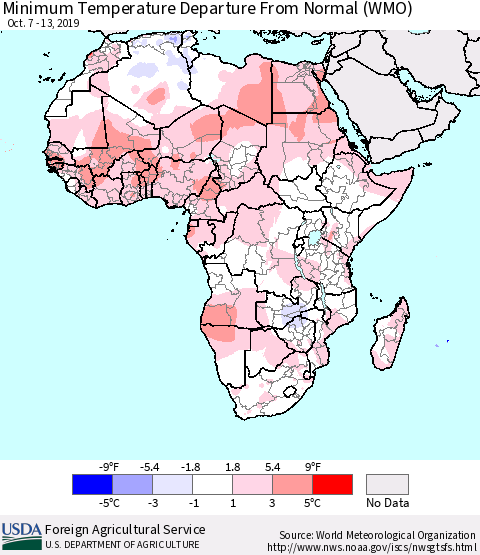 Africa Mean Minimum Temperature Departure from Normal (WMO) Thematic Map For 10/7/2019 - 10/13/2019