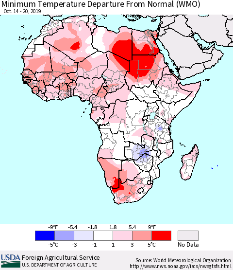 Africa Mean Minimum Temperature Departure from Normal (WMO) Thematic Map For 10/14/2019 - 10/20/2019