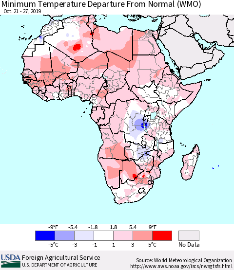 Africa Mean Minimum Temperature Departure from Normal (WMO) Thematic Map For 10/21/2019 - 10/27/2019