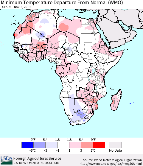 Africa Mean Minimum Temperature Departure from Normal (WMO) Thematic Map For 10/28/2019 - 11/3/2019