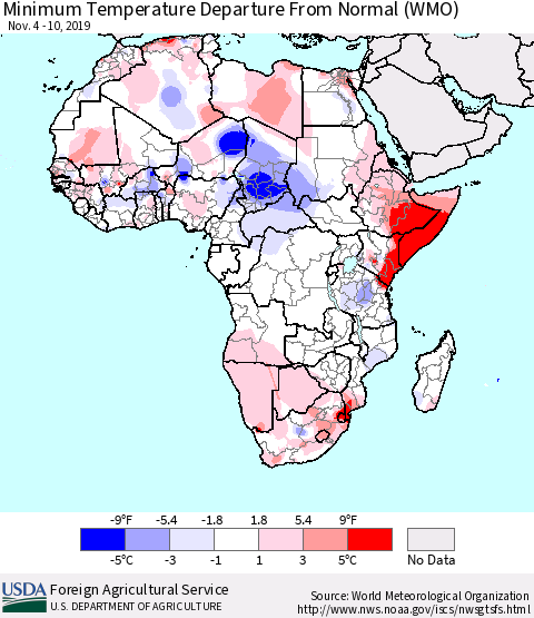 Africa Mean Minimum Temperature Departure from Normal (WMO) Thematic Map For 11/4/2019 - 11/10/2019