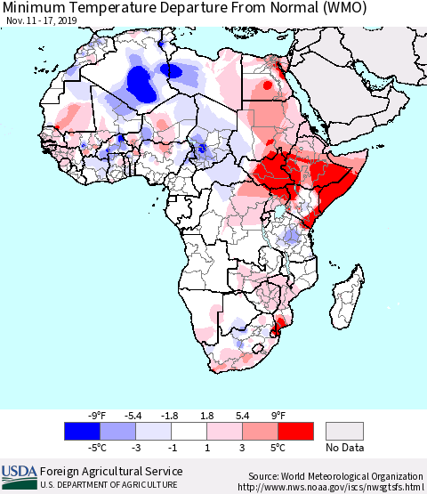 Africa Mean Minimum Temperature Departure from Normal (WMO) Thematic Map For 11/11/2019 - 11/17/2019