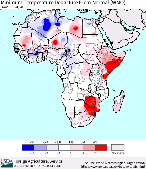 Africa Mean Minimum Temperature Departure from Normal (WMO) Thematic Map For 11/18/2019 - 11/24/2019