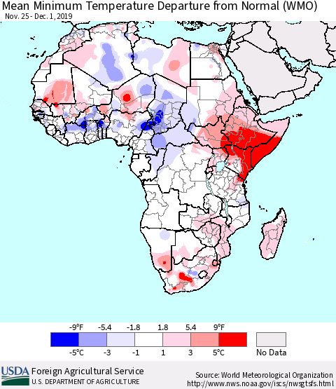 Africa Mean Minimum Temperature Departure from Normal (WMO) Thematic Map For 11/25/2019 - 12/1/2019
