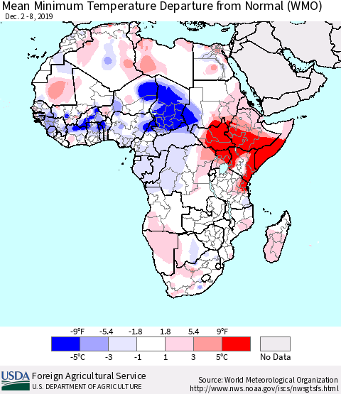Africa Mean Minimum Temperature Departure from Normal (WMO) Thematic Map For 12/2/2019 - 12/8/2019