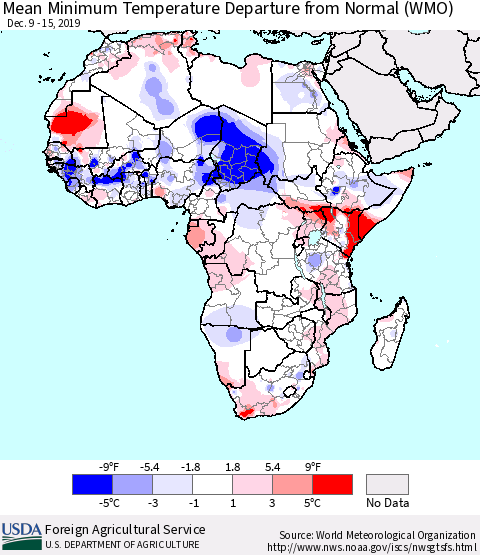 Africa Mean Minimum Temperature Departure from Normal (WMO) Thematic Map For 12/9/2019 - 12/15/2019