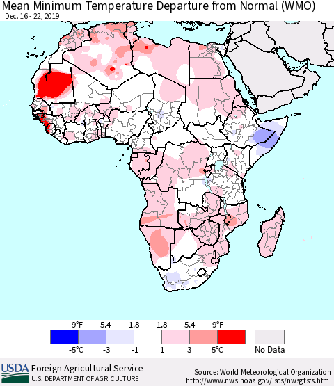 Africa Mean Minimum Temperature Departure from Normal (WMO) Thematic Map For 12/16/2019 - 12/22/2019