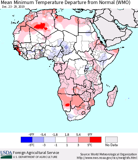 Africa Mean Minimum Temperature Departure from Normal (WMO) Thematic Map For 12/23/2019 - 12/29/2019