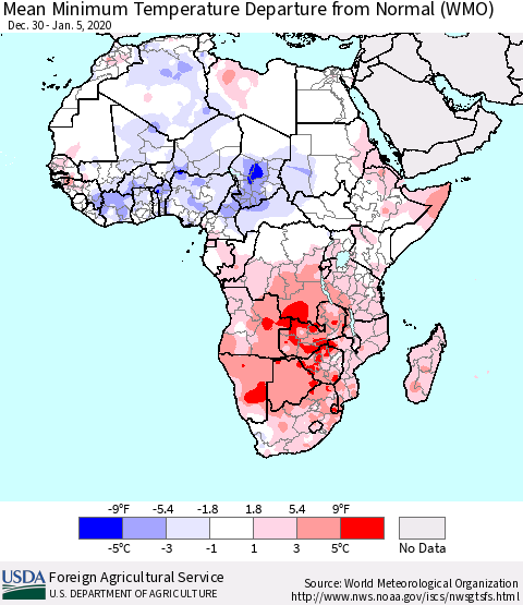 Africa Mean Minimum Temperature Departure from Normal (WMO) Thematic Map For 12/30/2019 - 1/5/2020