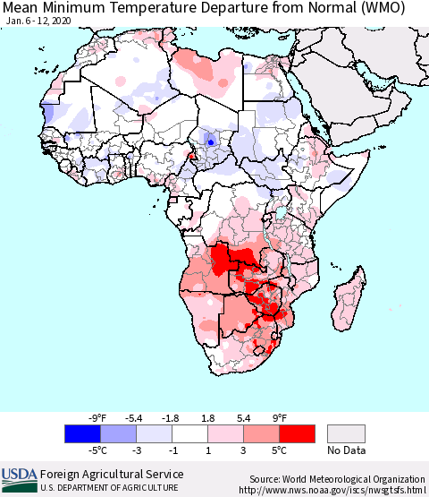 Africa Mean Minimum Temperature Departure from Normal (WMO) Thematic Map For 1/6/2020 - 1/12/2020