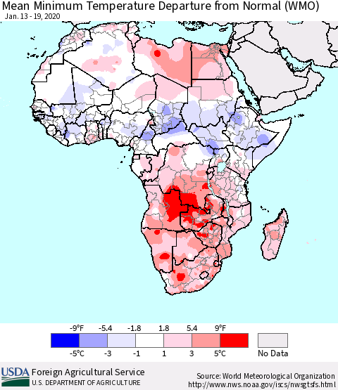 Africa Mean Minimum Temperature Departure from Normal (WMO) Thematic Map For 1/13/2020 - 1/19/2020