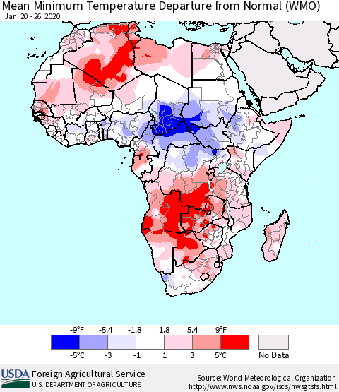 Africa Mean Minimum Temperature Departure from Normal (WMO) Thematic Map For 1/20/2020 - 1/26/2020