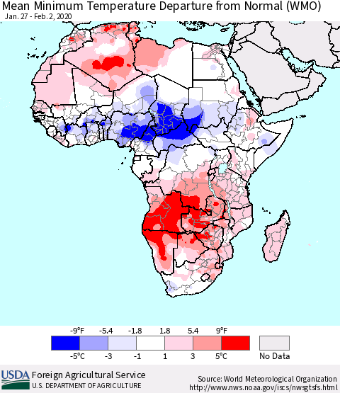 Africa Mean Minimum Temperature Departure from Normal (WMO) Thematic Map For 1/27/2020 - 2/2/2020