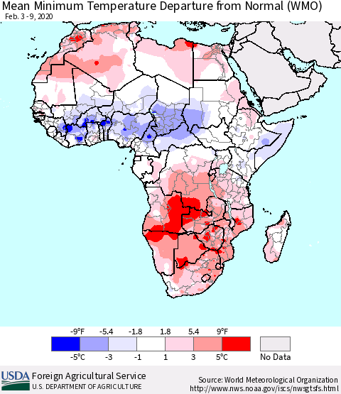 Africa Mean Minimum Temperature Departure from Normal (WMO) Thematic Map For 2/3/2020 - 2/9/2020