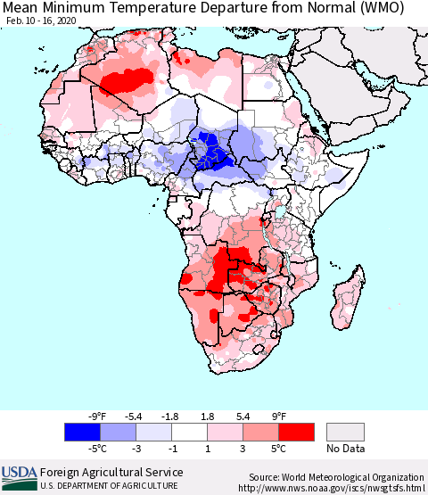 Africa Mean Minimum Temperature Departure from Normal (WMO) Thematic Map For 2/10/2020 - 2/16/2020