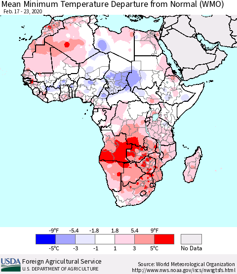 Africa Mean Minimum Temperature Departure from Normal (WMO) Thematic Map For 2/17/2020 - 2/23/2020