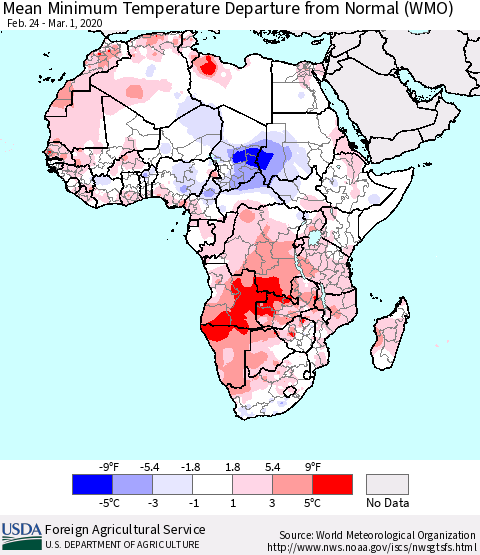 Africa Mean Minimum Temperature Departure from Normal (WMO) Thematic Map For 2/24/2020 - 3/1/2020