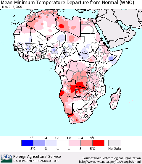 Africa Mean Minimum Temperature Departure from Normal (WMO) Thematic Map For 3/2/2020 - 3/8/2020