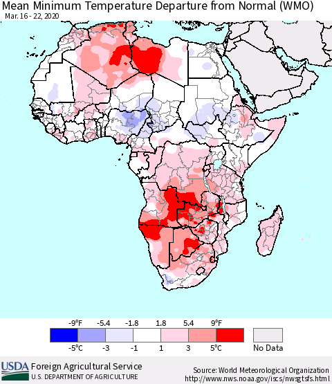 Africa Mean Minimum Temperature Departure from Normal (WMO) Thematic Map For 3/16/2020 - 3/22/2020