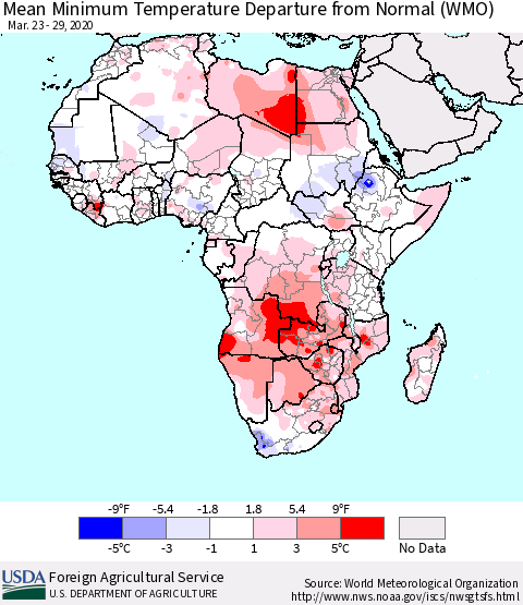 Africa Mean Minimum Temperature Departure from Normal (WMO) Thematic Map For 3/23/2020 - 3/29/2020