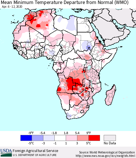 Africa Mean Minimum Temperature Departure from Normal (WMO) Thematic Map For 4/6/2020 - 4/12/2020
