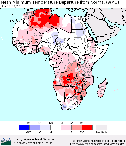 Africa Mean Minimum Temperature Departure from Normal (WMO) Thematic Map For 4/13/2020 - 4/19/2020