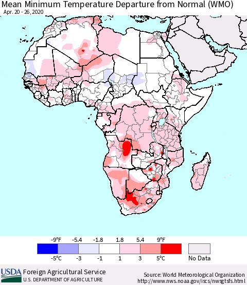 Africa Mean Minimum Temperature Departure from Normal (WMO) Thematic Map For 4/20/2020 - 4/26/2020