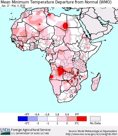 Africa Mean Minimum Temperature Departure from Normal (WMO) Thematic Map For 4/27/2020 - 5/3/2020