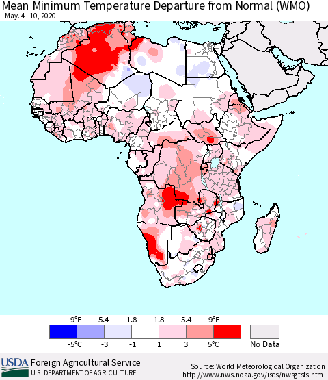 Africa Mean Minimum Temperature Departure from Normal (WMO) Thematic Map For 5/4/2020 - 5/10/2020