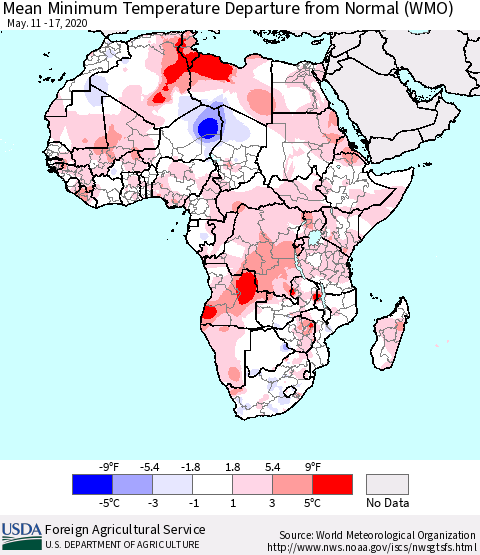 Africa Mean Minimum Temperature Departure from Normal (WMO) Thematic Map For 5/11/2020 - 5/17/2020