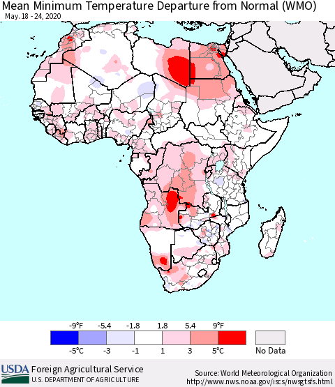 Africa Mean Minimum Temperature Departure from Normal (WMO) Thematic Map For 5/18/2020 - 5/24/2020
