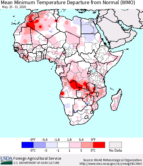 Africa Mean Minimum Temperature Departure from Normal (WMO) Thematic Map For 5/25/2020 - 5/31/2020