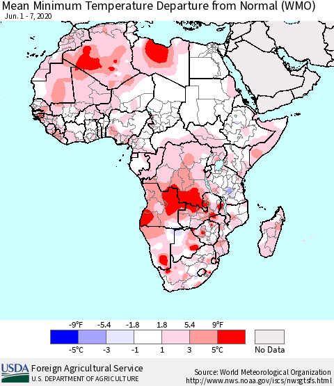 Africa Mean Minimum Temperature Departure from Normal (WMO) Thematic Map For 6/1/2020 - 6/7/2020