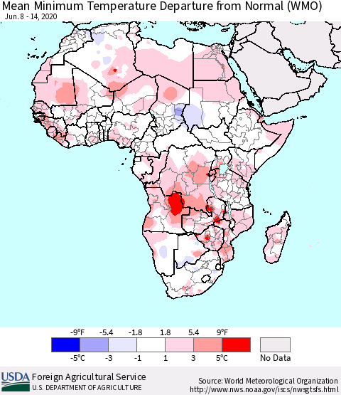Africa Mean Minimum Temperature Departure from Normal (WMO) Thematic Map For 6/8/2020 - 6/14/2020