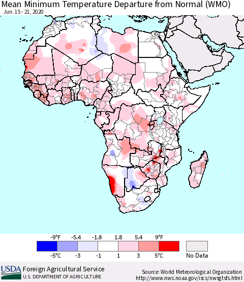 Africa Mean Minimum Temperature Departure from Normal (WMO) Thematic Map For 6/15/2020 - 6/21/2020