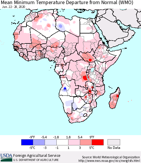 Africa Mean Minimum Temperature Departure from Normal (WMO) Thematic Map For 6/22/2020 - 6/28/2020