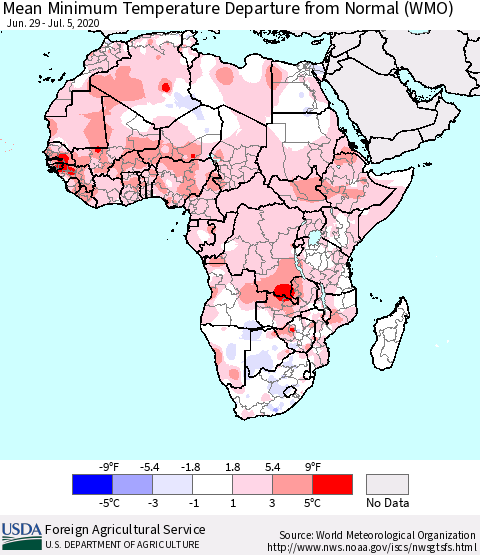 Africa Mean Minimum Temperature Departure from Normal (WMO) Thematic Map For 6/29/2020 - 7/5/2020
