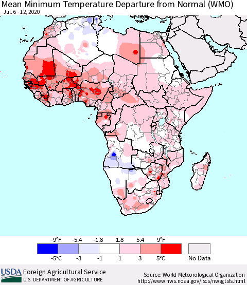 Africa Mean Minimum Temperature Departure from Normal (WMO) Thematic Map For 7/6/2020 - 7/12/2020