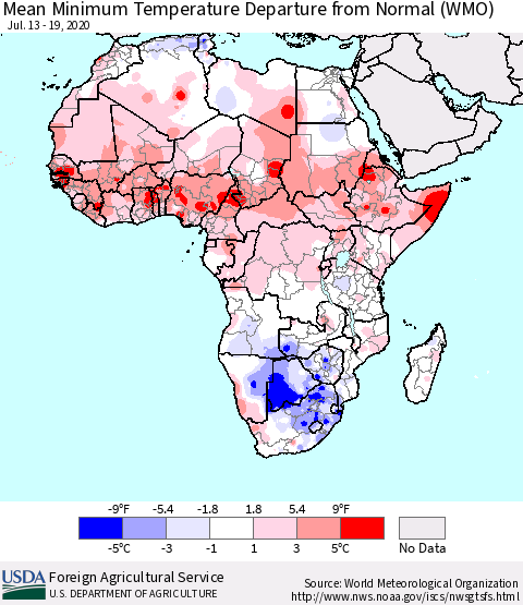 Africa Mean Minimum Temperature Departure from Normal (WMO) Thematic Map For 7/13/2020 - 7/19/2020