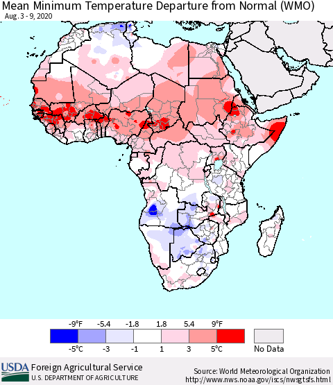Africa Mean Minimum Temperature Departure from Normal (WMO) Thematic Map For 8/3/2020 - 8/9/2020