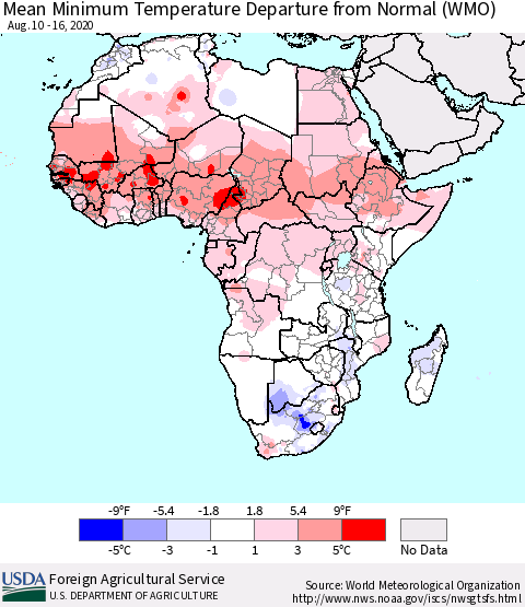 Africa Mean Minimum Temperature Departure from Normal (WMO) Thematic Map For 8/10/2020 - 8/16/2020