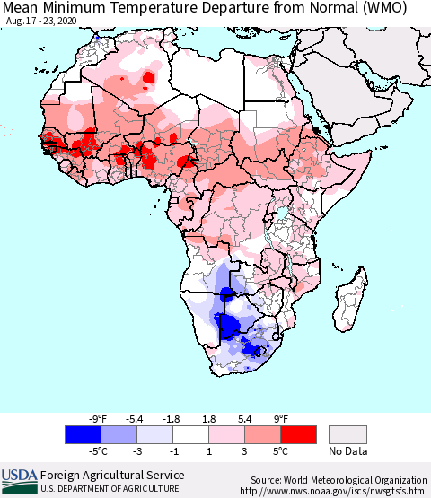 Africa Mean Minimum Temperature Departure from Normal (WMO) Thematic Map For 8/17/2020 - 8/23/2020
