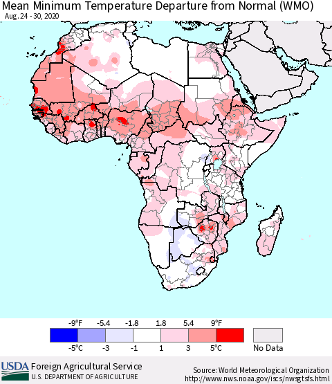 Africa Mean Minimum Temperature Departure from Normal (WMO) Thematic Map For 8/24/2020 - 8/30/2020