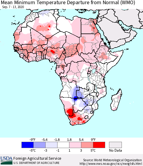 Africa Mean Minimum Temperature Departure from Normal (WMO) Thematic Map For 9/7/2020 - 9/13/2020